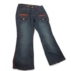 Vintage Y2K Neeso Dark Wash Red Stitching Cargo Flare Jeans